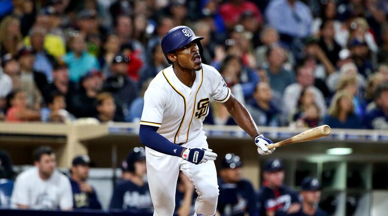 FILE - In this June 7, 2016, file photo, San Diego Padres' Melvin Upton Jr. watches his RBI line-out against the Atlanta Braves during the fifth inning of a baseball game, in San Diego. The Padres have traded left fielder Melvin Upton Jr. to the Toronto Blue Jays for minor league right-hander Hansel Rodriguez. The trade, which continues the Padres' rebuilding, was announced Tuesday morning, July 26, 2016, hours before the Padres played at Toronto in the middle game of a three-game series. (AP Photo/Lenny Ignelzi, File)