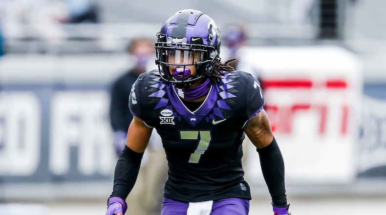 TCU safety Trevon Moehrig defends during an NCAA college football game against Oklahoma, Saturday, Oct. 24, 2020, in Fort Worth, Texas. Oklahoma won 33-14. (AP Photo/Brandon Wade)