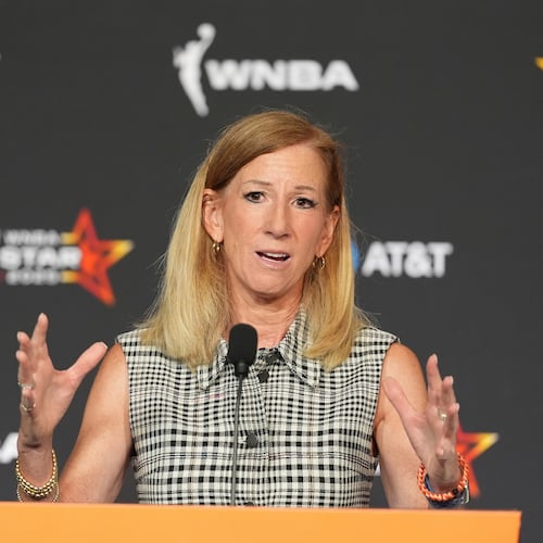 FILE - WNBA Commissioner Cathy Engelbert speaks during a news conference before the WNBA All-Star basketball game, Saturday, July 19, 2025, in Indianapolis. (AP Photo/Michael Conroy, File)