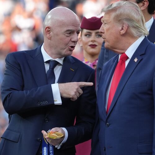 FIFA President Gianni Infantino, left, and President Donald J. Trump talk as they wait to congratulate the Spanish players after the World Cup final soccer match between Spain and Argentina in East Rutherford, N.J., near New York, Sunday, July 19, 2026. (AP Photo/Jacquelyn Martin)