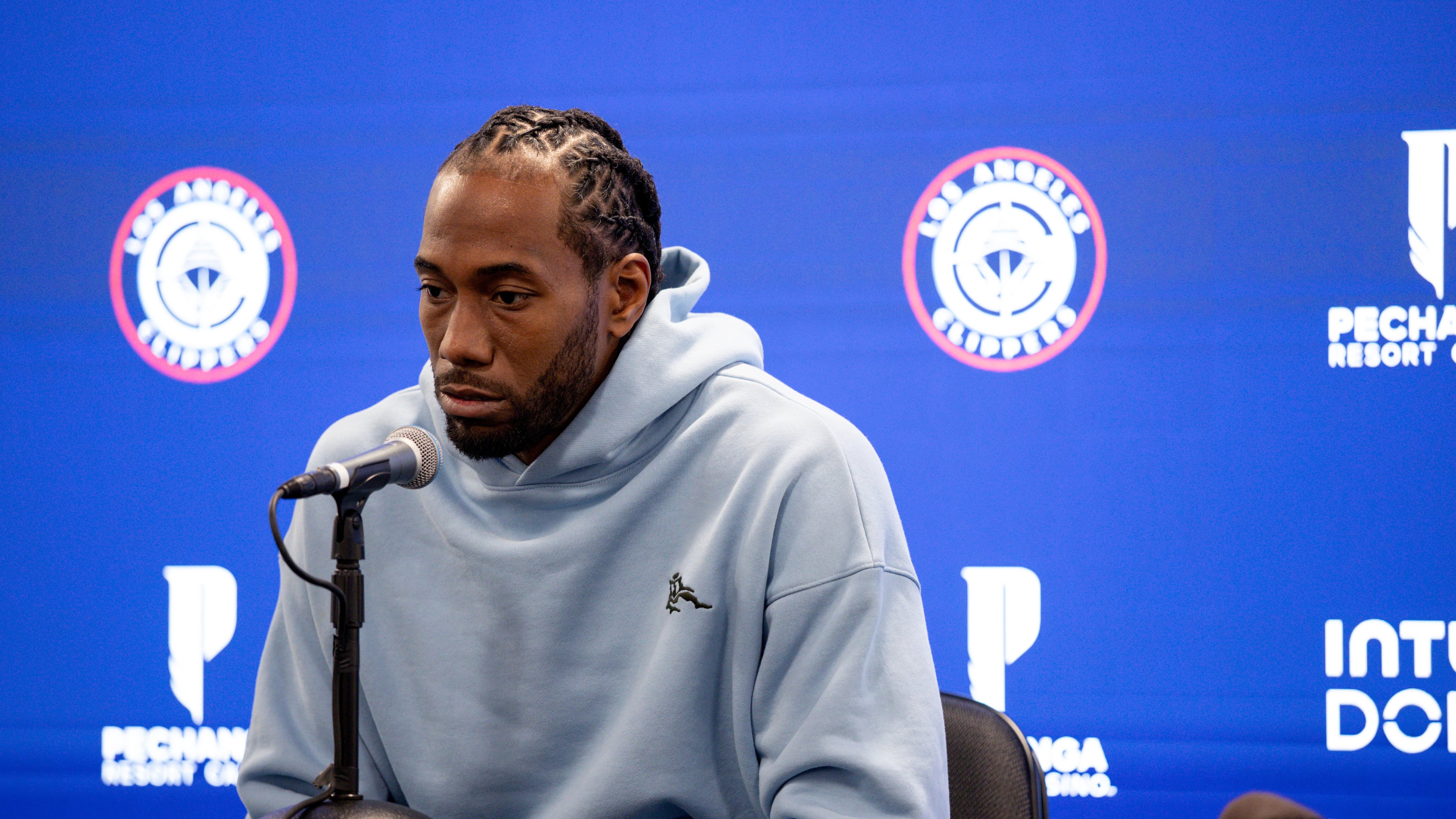 Los Angeles Clippers forward Kawhi Leonard speaks during the NBA basketball team's media day Monday, Sept. 29, 2025, in Inglewood, Calif. (AP Photo/Eric Thayer)