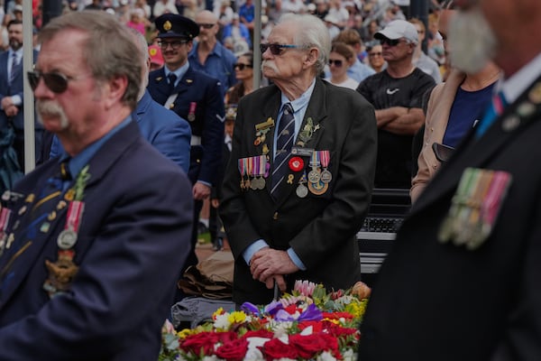 Veterans reacts during the Anzac Day commemorations in Nelson Bay, Australia, Friday, April 25, 2025. (AP Photo/Mark Baker)