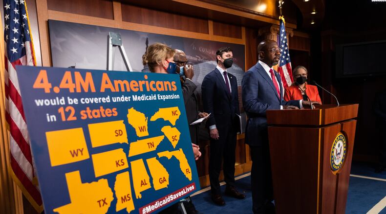 Senator Reverend Raphael Warnock (D-GA) speaks at a press conference on Medicaid expansion with other democratic lawmakers on Capitol Hill in Washington, DC on September 23rd, 2021.