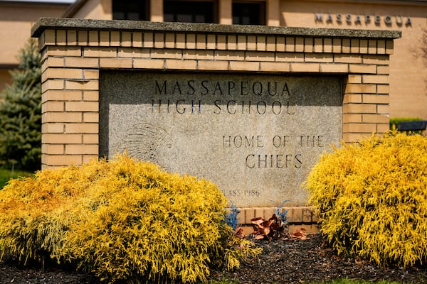 A marquee announces "Home of the Chiefs" at the Massapequa High School, in Massapequa, N.Y., Friday, April 25, 2025. (AP Photo/Julia Demaree Nikhinson)