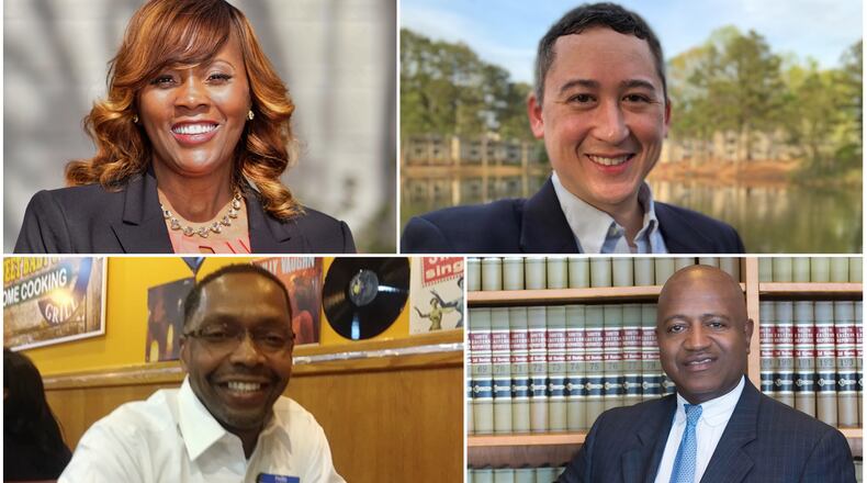 Democratic candidates for Gwinnett Commission Districts 2 and 4. Clockwise from top left: Marlene Fosque, Ben Ku, Greg McKeithen and Desmond Nembhard.