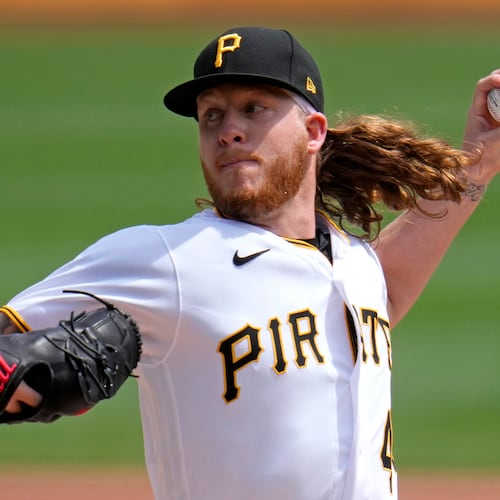 Then-Pirates starting pitcher Bailey Falter delivers against the Atlanta Braves on Thursday, Aug. 10, 2023. in Pittsburgh. (Gene J. Puskar/AP)