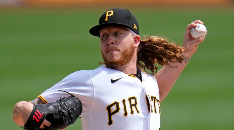 Then-Pirates starting pitcher Bailey Falter delivers against the Atlanta Braves on Thursday, Aug. 10, 2023. in Pittsburgh. (Gene J. Puskar/AP)