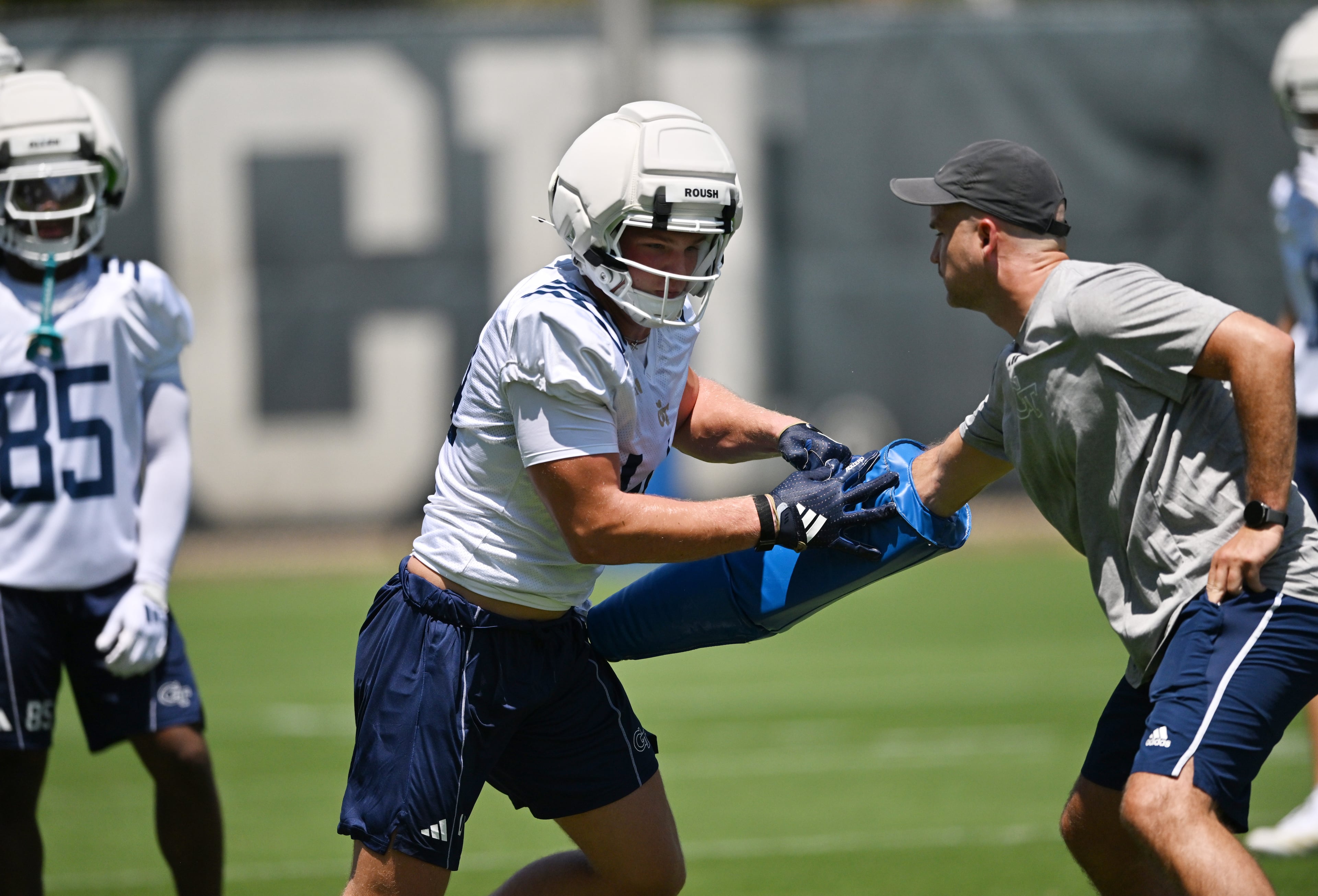 Georgia Tech tight end Connor Roush (44) participates in a drill during the first day of football practice at Rose Bowl Field and the Mary and John Brock Football Practice Facility, Tuesday, July 29, 2025, in Atlanta. (Hyosub Shin / AJC)
