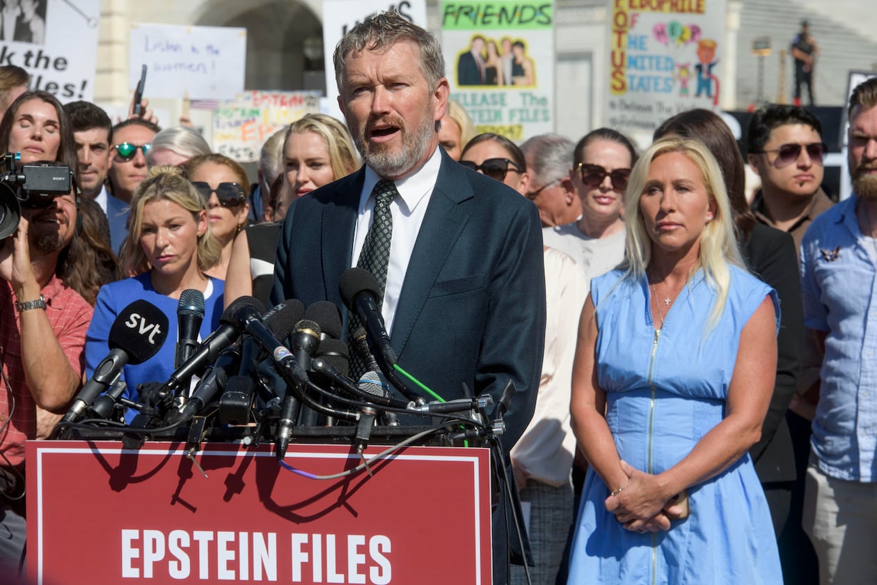 Rep. Thomas Massie, R-., is joined on Capitol Hill by Rep. Marjorie Taylor Greene, R-Ga. (right), and survivors of Jeffrey Epstein's abuse Sept. 3, 2025, calling for release of the Epstein files. (Rod Lamkey Jr./AP)