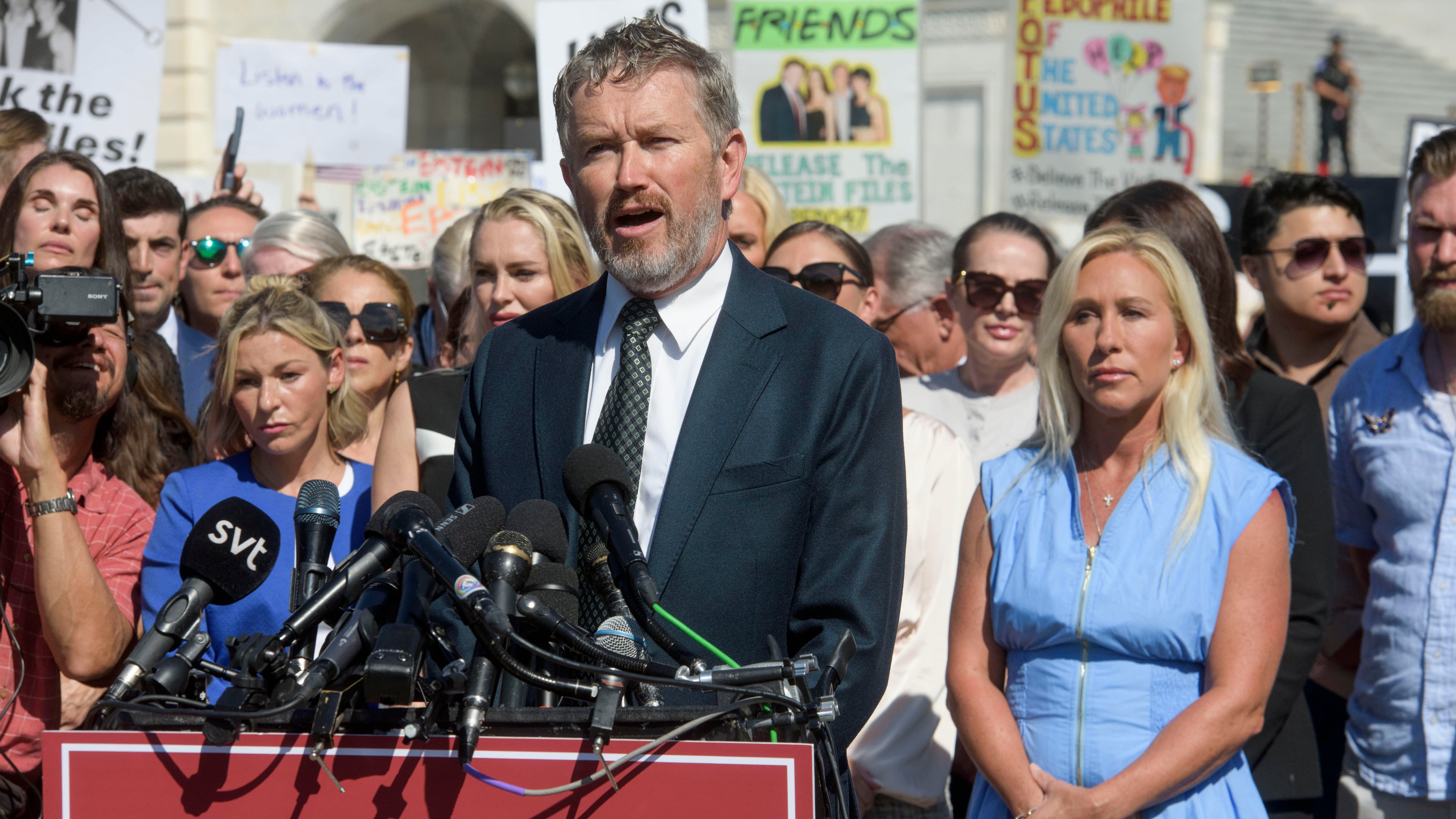 Rep. Thomas Massie, R-Ky., speaks during a news conference regarding the release of the Jeffrey Epstein files, on Capitol Hill, Wednesday, Sept. 3, 2025, in Washington. (AP Photo/Rod Lamkey, Jr.)