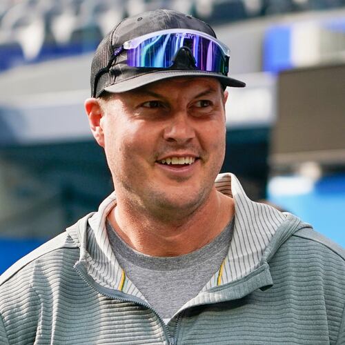 FILE - Former Los Angeles Chargers quarterback Philip Rivers watches warmups before an NFL football game between the Chargers and the Denver Broncos, Dec. 10, 2023, in Inglewood, Calif. (AP Photo/Ryan Sun, File)