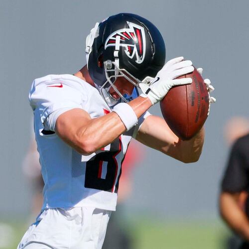Atlanta Falcons wide receiver David Sills V (87) catches the ball during training camp at the Falcons Practice Facility, on Sunday, July 27, in Flowery Branch, Ga.
(Miguel Martinez/ AJC)