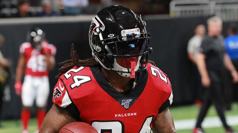 Falcons running back Devonta Freeman gets in some work before the team plays the New York Jets in a NFL preseason football game on Thursday, August 15, 2019, in Atlanta. Curtis Compton/ccompton@ajc.com