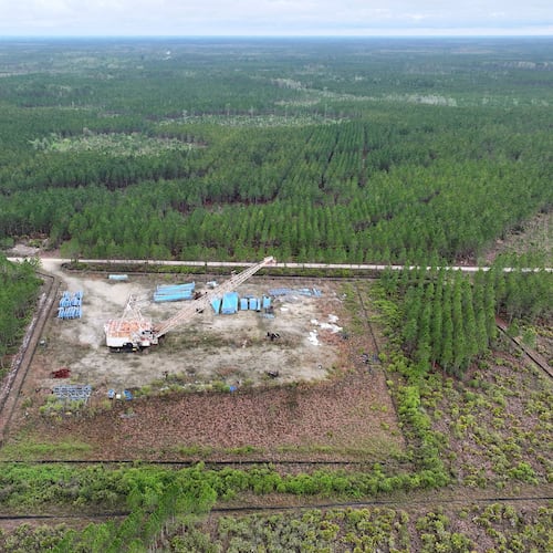 The Twin Pines mine site where equipment is stationed on March 18, 2024, in Charlton County, Georgia. The site is located less than 3 miles from the Okefenokee National Wildlife Refuge, the largest U.S. refuge east of the Mississippi River. (Hyosub Shin/AJC/TNS )