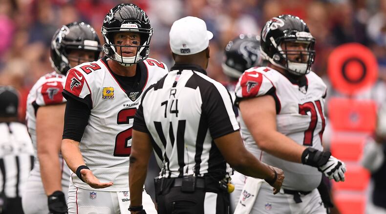 Falcons quarterback Matt Ryan questions an official in the third quarter against the Houston Texans Oct. 6, 2019, at NRG Stadium in Houston.