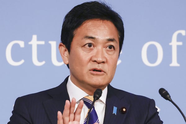 Yuichiro Tamaki, leader of Democratic Party for the People, speaks during a convention held by Reiwa Rincho in Tokyo, June 29, 2025.(Kyodo News via AP)