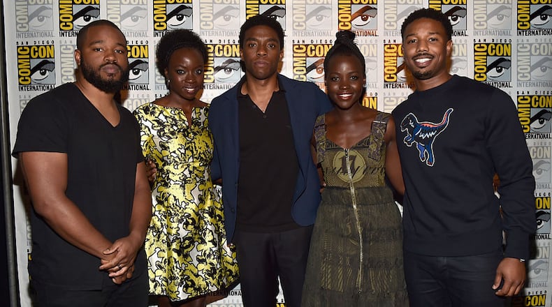 SAN DIEGO, CA - JULY 23: (L-R) Director Ryan Coogler, actors Danai Gurira, Chadwick Boseman, Lupita Nyong'o and Michael B. Jordan from Marvel Studios "Black Panther attend the San Diego Comic-Con International 2016 Marvel Panel in Hall H on July 23, 2016 in San Diego, California. ©Marvel Studios 2016 (Photo by Alberto E. Rodriguez/Getty Images for Disney)