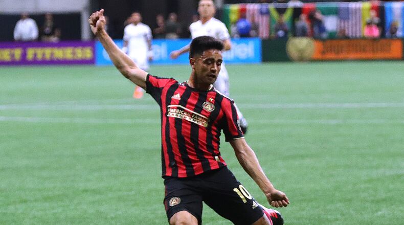 May 12, 2019 Atlanta: Atlanta United midfielder Pity Martinez scores his first goal of the season against Orlando City in a MLS soccer match on Sunday, May 12, 2019, in Atlanta. Curtis Compton/ccompton@ajc.com