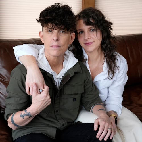 FILE - Andrea Gibson, left, and Megan Falley, subjects of the film "Come See Me in the Good Light," pose for a portrait during the Sundance Film Festival in Park City, Utah on Jan. 25, 2025. (AP Photo/Chris Pizzello, File)