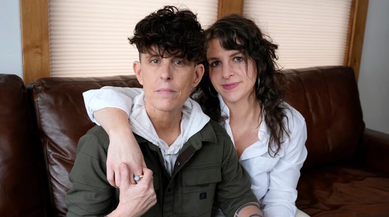 FILE - Andrea Gibson, left, and Megan Falley, subjects of the film "Come See Me in the Good Light," pose for a portrait during the Sundance Film Festival in Park City, Utah on Jan. 25, 2025. (AP Photo/Chris Pizzello, File)
