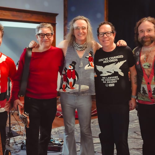 Athens band Five Eight and Atlanta-based singer James Hall (center) recently released collaborative single "Christmas Without You." Pictured at the recording session are (from left): Dan Horowitz, Mike Mantione, Hall, Sean Dunn and Mike Rizzi (former Five Eight member who joined the group for the session). (Photo courtesy of the Bloom Effect)