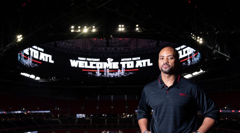 Atlanta Falcons general manager Terry Fontenot poses for a portrait during his first visit to Mercedes-Benz Stadium in Atlanta, Georgia, on Thursday January 21, 2021. (Photo by Dakota Williams/Atlanta Falcons).