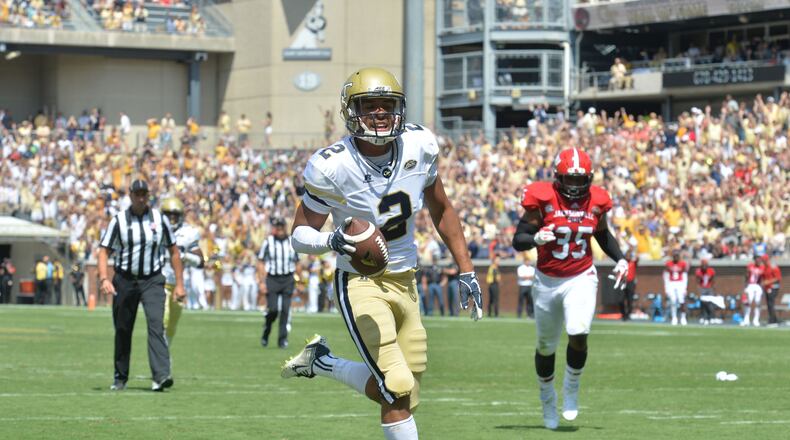 September 9, 2017 Atlanta - Georgia Tech wide receiver Ricky Jeune (2) scores a touchdown after he made a touchdown catch in the second half of the Georgia Tech home opener at Bobby Dodd Stadium on Saturday, September 9, 2017. Georgia Tech won 37-10 over the Jacksonville State. HYOSUB SHIN / HSHIN@AJC.COM