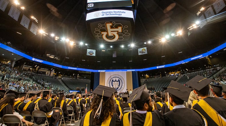 Georgia Tech holds graduation at McCamish Pavilion for students receiving Master's degrees in the College of Computing and Bachelor's degrees in Mechanical Engineers on Saturday, May 4, 2024. (Jenni Girtman for The Atlanta Journal-Constitution)
