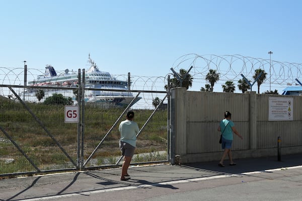 The cruise ship which transported evacuees from Israel is docked at the port of Larnaca, Cyprus, Wednesday, June 18, 2025. (AP Photo/Petros Karadjias)