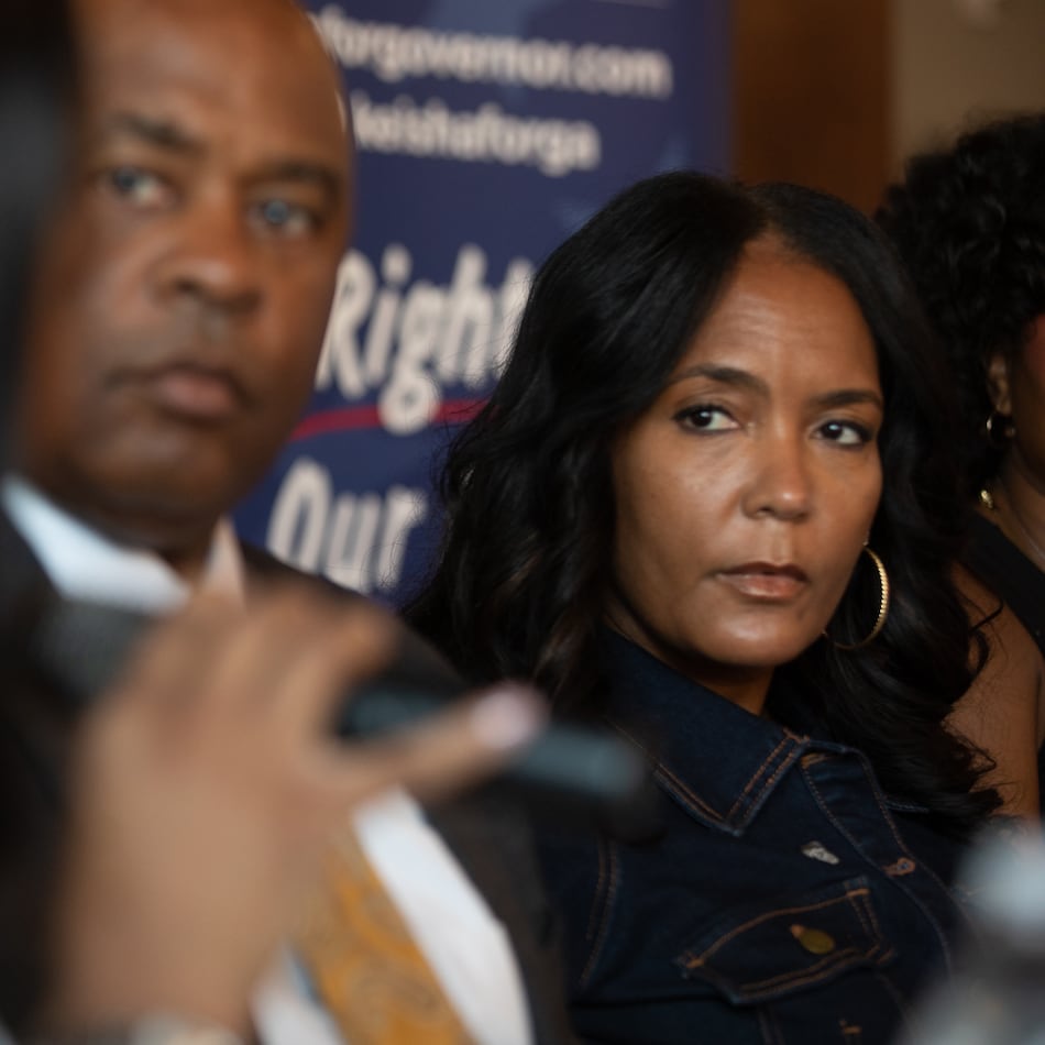 Democratic candidate for governor Keisha Lance Bottoms listens to health care providers during a roundtable discussion at Blend n' Brew coffee shop in Statesboro on July 29. 2026. (Riley Bunch/AJC)