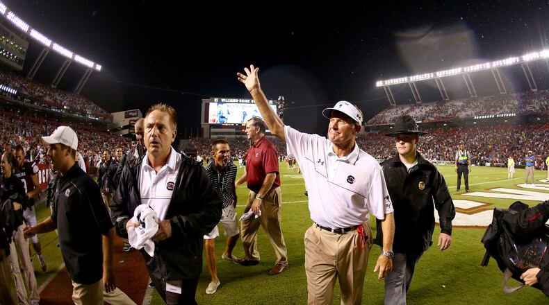 COLUMBIA, SC - SEPTEMBER 13: Head coach Steve Spurrierof the South Carolina Gamecocks reacts after defeating the Georgia Bulldogs 38-35 at Williams-Brice Stadium on September 13, 2014 in Columbia, South Carolina. (Photo by Streeter Lecka/Getty Images)