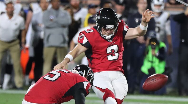 January 6, 2018 Los Angeles: Falcons Matt Bryant makes his first of two field goals after the Falcons recovered a Rams turnover on a kick off during the first quarter in their NFL Wild Card Game on Saturday, January 6, 2018, in Los Angeles. Curtis Compton/ccompton@ajc.com