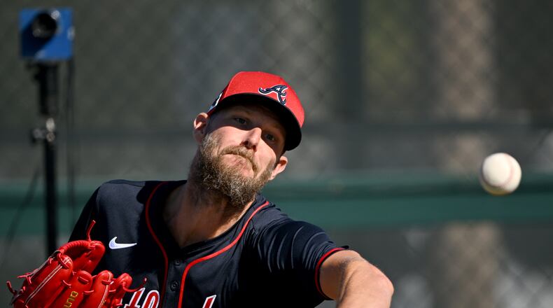 Atlanta Braves pitcher Chris Sale throws a ball during spring training workouts at CoolToday Park, Monday, February 17, 2025, North Port, Florida. (Hyosub Shin/AJC)