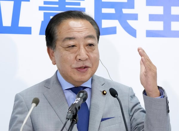 Yoshihiko Noda, leader of the Constitutional Democratic Party of Japan, speaks to the media following the upper house election at the party headquarters in Tokyo, Sunday, July 20, 2025. (Kyodo News via AP)