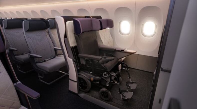 Delta Flight Products has been working with consortium Air4All on a prototype of an airplane seat that converts to a wheelchair restraint to allow passengers in powered wheelchairs to remain in their wheelchairs on flights. Source: Delta
