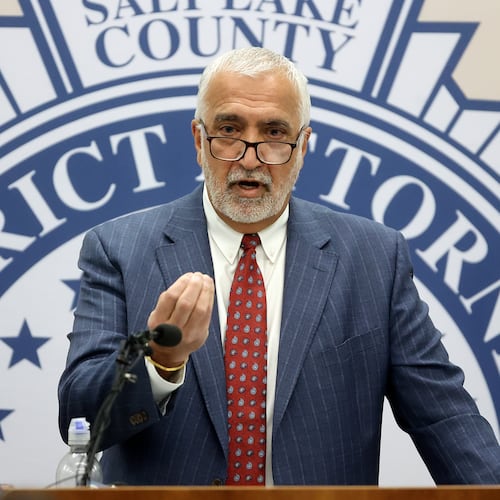 Salt Lake County District Attorney Sim Gill speaks at a press conference at the District Attorney's Office about manslaughter charges filed against Matt Alder for the fatal shooting of Arthur Folasa Ah Loo, who was an innocent bystander at a "No Kings" rally, in Salt Lake City, Wednesday, Dec. 3, 2025. (Kristin Murphy/The Deseret News via AP)