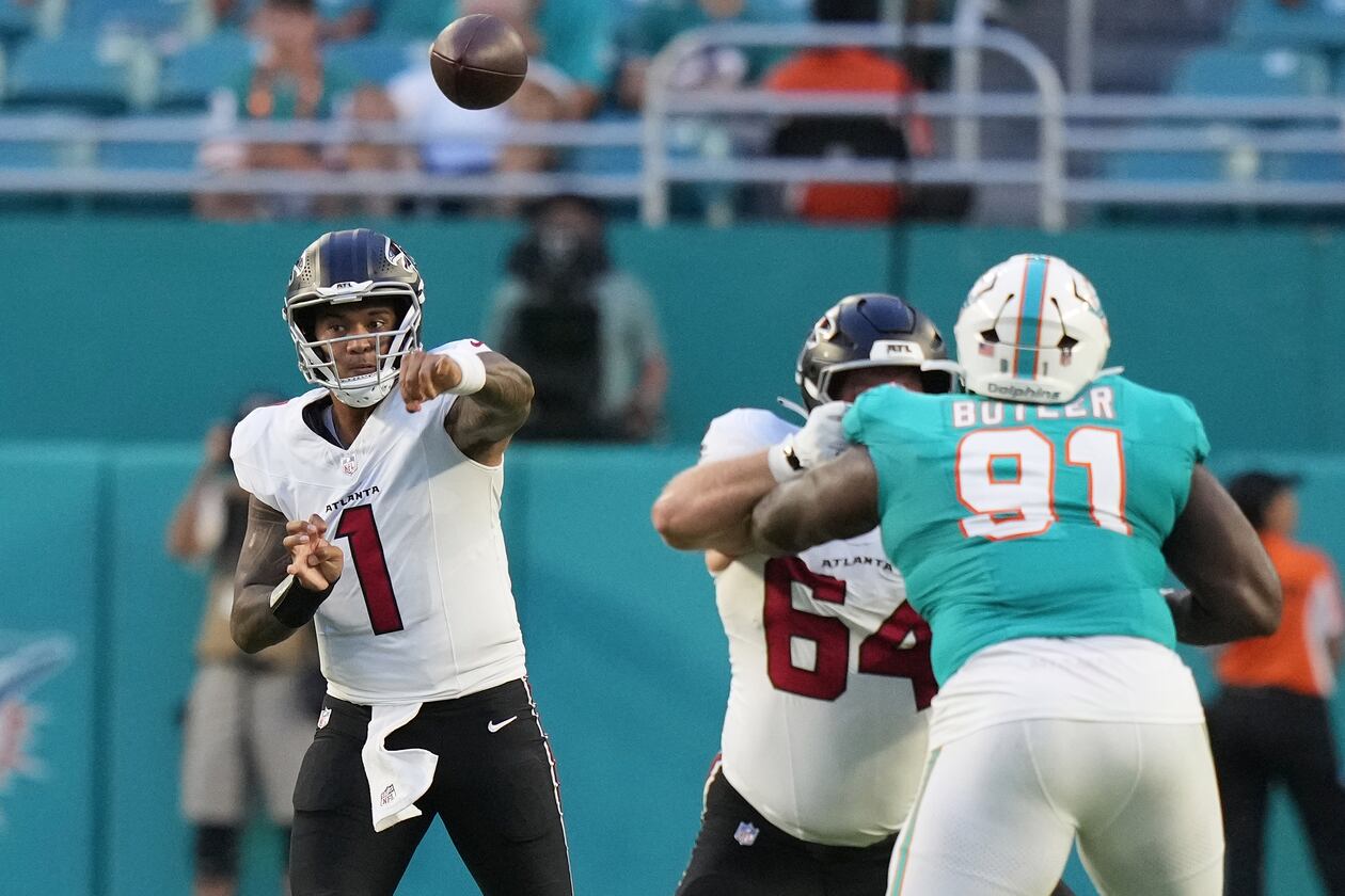Atlanta Falcons quarterback Tua Tagovailoa passes against the Miami Dolphins during the first half of an NFL preseason football game, Friday, Aug. 28, 2026, in Miami Gardens, Fla. (Lynne Sladky/AP)
