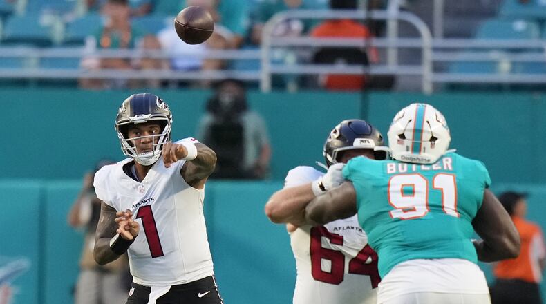 Atlanta Falcons quarterback Tua Tagovailoa passes against the Miami Dolphins during the first half of an NFL preseason football game, Friday, Aug. 28, 2026, in Miami Gardens, Fla. (Lynne Sladky/AP)
