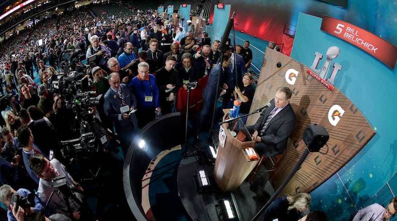 New England Patriots coach Bill Belichick is interviewed during Super Bowl Opening Night on Jan. 30, 2017, preceding Super Bowl LI in Houston.