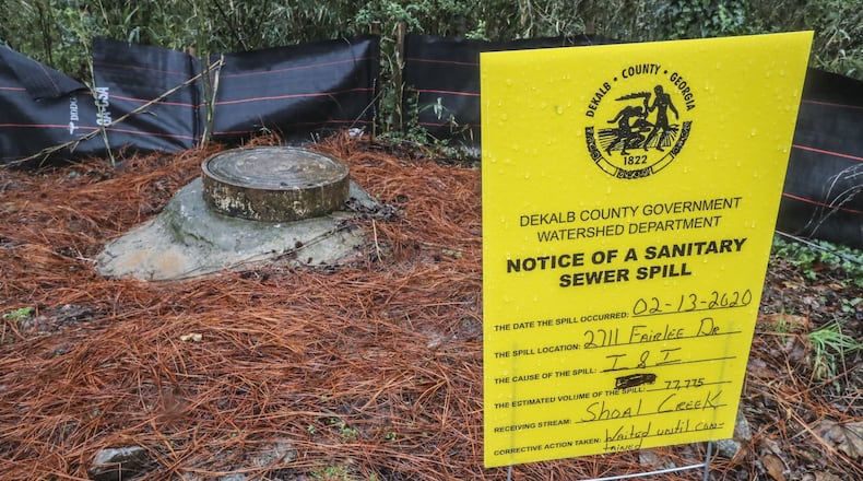 Sewage spill notifications were posted last year at Nancy Creek at 4148 Tilly Milly Road at Bernard Halpern Park in Doraville where sewage overflows occurred. DeKalb County is spending more than $1 billion to upgrade the sewer system. AJC file photo