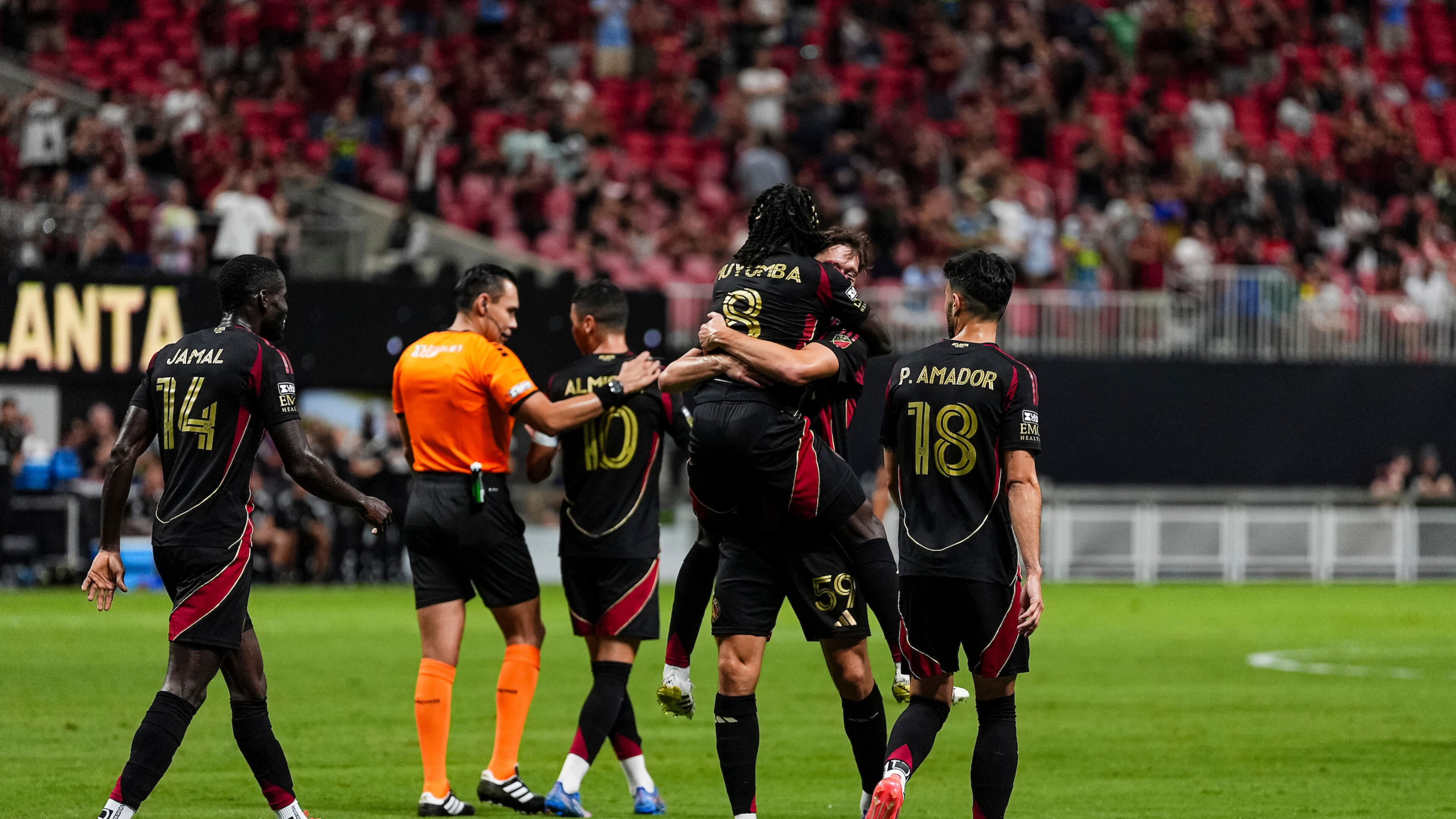Atlanta United midfielder Alexey Miranchuk celebrates with Atlanta United midfielder Tristan Muyumba after scoring a goal during the Leagues Cup match against Necaxa at Mercedes-Benz Stadium on Wednesday, July 30, 2025. (Matthew Dingle/Atlanta United)