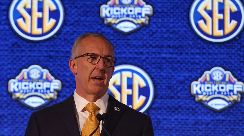SEC Commissioner Greg Sankey speaks to the media during the 2021 SEC Football Kickoff Media Days on July 19,2021 at the Wynfrey Hotel in Hoover,Ala. (Jimmie Mitchell/SEC)
