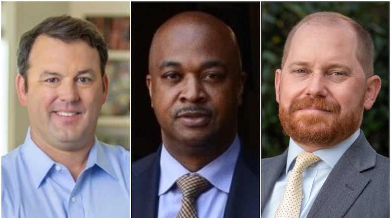 Burt Jones, left, will be the Republican nominee for lieutenant governor while two Democrats -- former U.S. Rep. Kwanza Hall, left, and Charlie Bailey -- head to a runoff next month. Submitted photos.