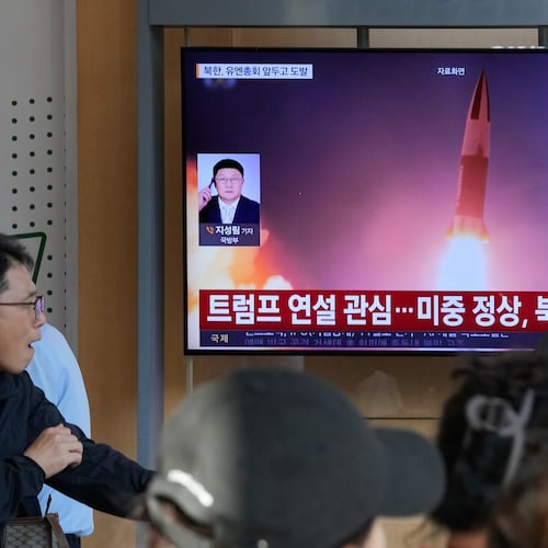 A TV screen shows a file image of a North Korean missile launch during a news program at Seoul Railway Station in Seoul, South Korea, Sunday, Sept. 20, 2026. (AP Photo/Ahn Young-joon)