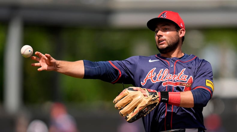 Atlanta Braves second baseman David Fletcher throws out New York Yankees' Juan Soto at first base in the second inning of a spring training baseball game Sunday, March 10, 2024, in Tampa, Fla. (AP Photo/Charlie Neibergall)