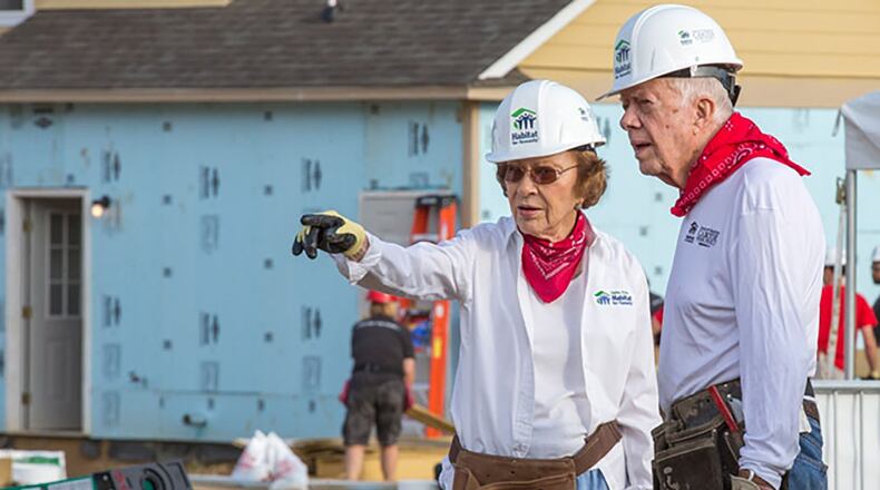 Rosalynn and Jimmy Carter talk things over at the house site they’re working on at a Habitat for Humanity build in Memphis last year. Photo: courtesy Habitat for Humanity.