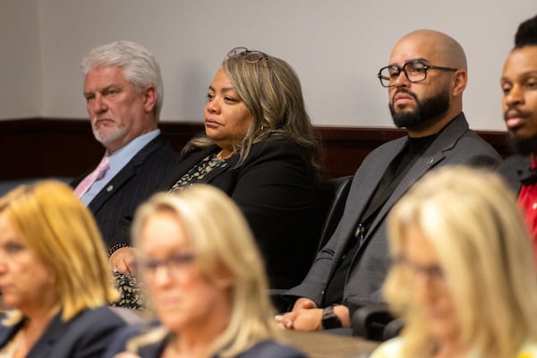 Cobb County District Attorney Sonya Allen (second from left) looks on from the jury box during the bond hearing for Mahendra Patel, 57, in a Cobb County courtroom in Marietta on Tuesday, May 6, 2025.  (Arvin Temkar/AJC)