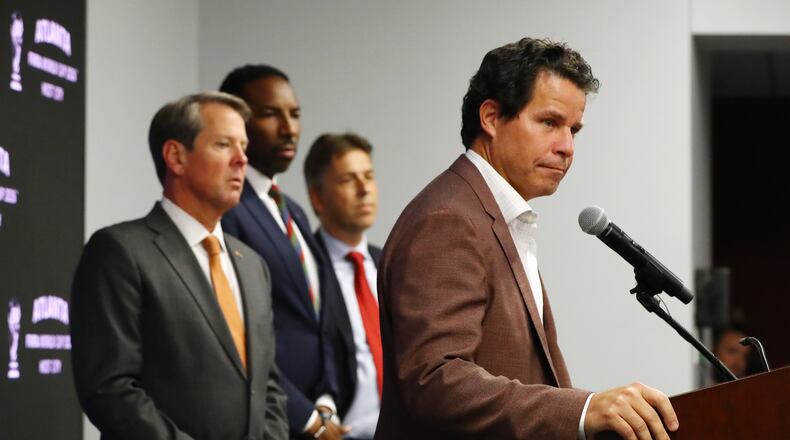Dan Corso, president of the Atlanta Sports Council, takes questions during the Host City announcement press conference for the 2026 World Cup at Mercedes-Benz Stadium on Thursday, June 16, 2022, in Atlanta. Governor Brian Kemp, Atlanta Mayor Andre Dickens and Mercedes-Benz Stadium Chief Operating Officer Dietmar Exler also take questions. “Curtis Compton / Curtis.Compton@ajc.com”