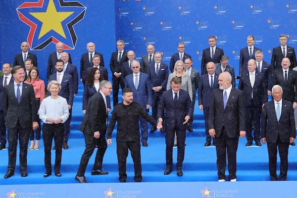 The leaders of European countries and organizations pose for a family photo during the European Political Community summit in Tirana, Albania, Friday, May 16, 2025. (AP Photo/Vlasov Sulaj)
