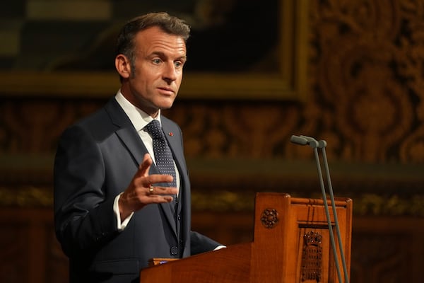 French President Emmanuel Macron addresses parliament in the Palace of Westminster, London, Tuesday, July 8, 2025.(AP Photo/Alastair Grant, Pool)
